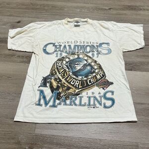 Vintage 90s 97 Miami Marlins World Series Ring MLB Shirt Single Stitch Men Large